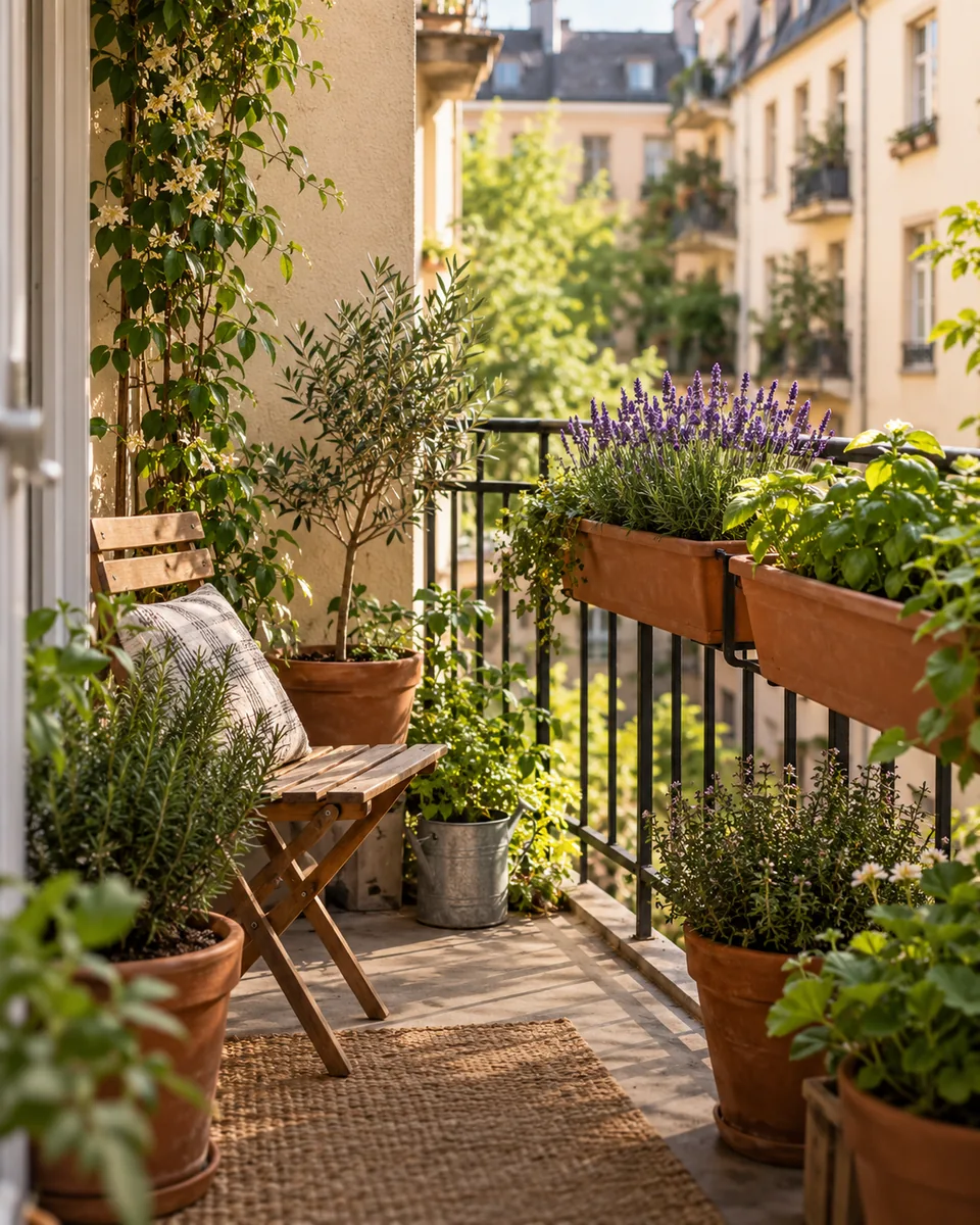 Kleiner Balkon mit Kräutern und Lavendel
