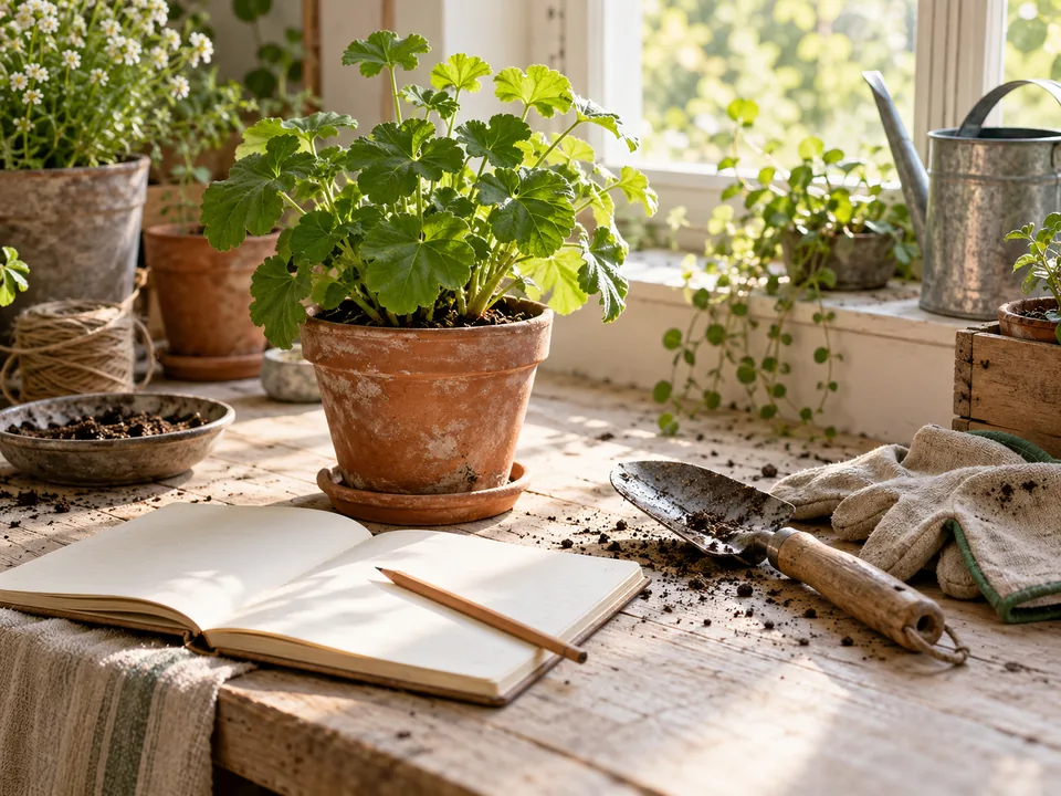 Pflanzen, Notizbuch und Gartenwerkzeug an einem hellen Arbeitsplatz