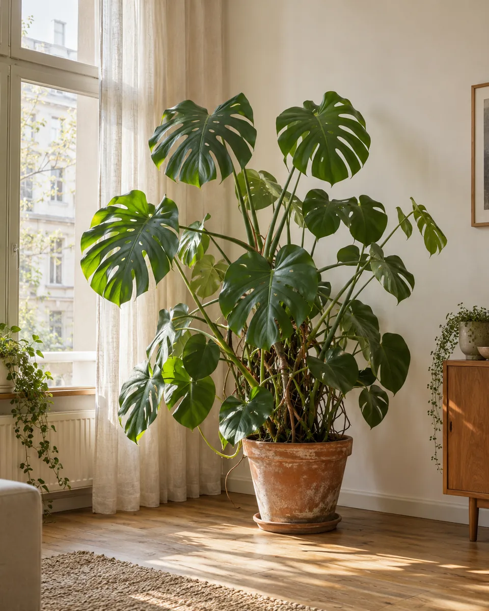 Wohninspiration: große Monstera im Terrakottatopf am hellen Fenster