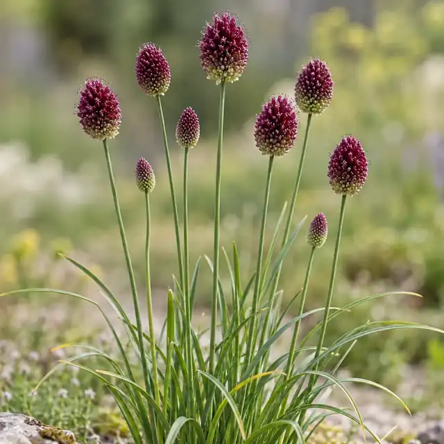 KI-generierte, botanisch ungeprüfte Illustration: Kugelköpfiger Lauch (Allium sphaerocephalon)