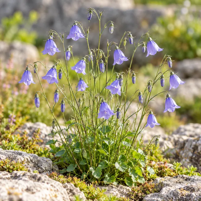 KI-generierte, botanisch ungeprüfte Illustration: Rundblättrige Glockenblume (Campanula rotundifolia)