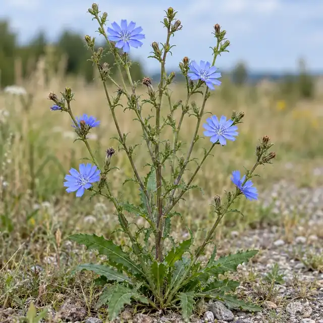 KI-generierte, botanisch ungeprüfte Illustration: Gewöhnliche Wegwarte (Cichorium intybus)