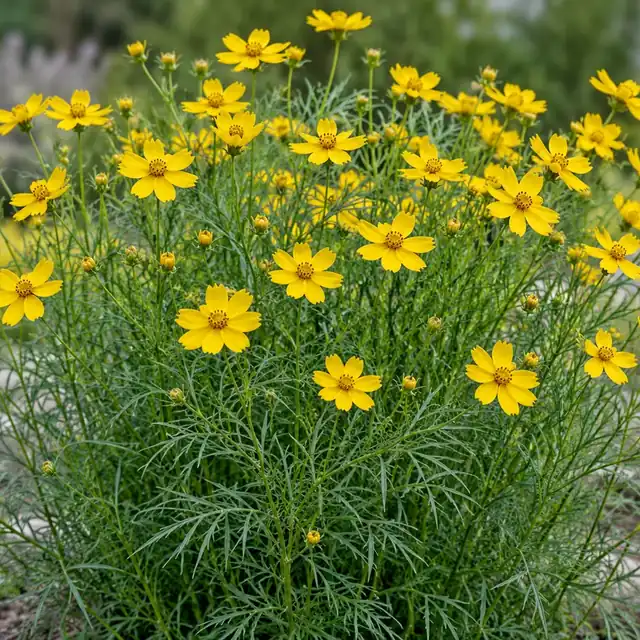 KI-generierte, botanisch ungeprüfte Illustration: Quirlblättriges Mädchenauge (Coreopsis verticillata)