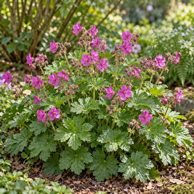 KI-generierte, botanisch ungeprüfte Illustration: Balkan-Storchschnabel (Geranium macrorrhizum)