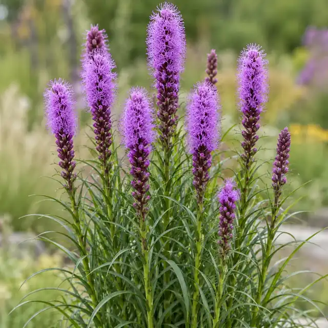 KI-generierte, botanisch ungeprüfte Illustration: Ährige Prachtscharte (Liatris spicata)