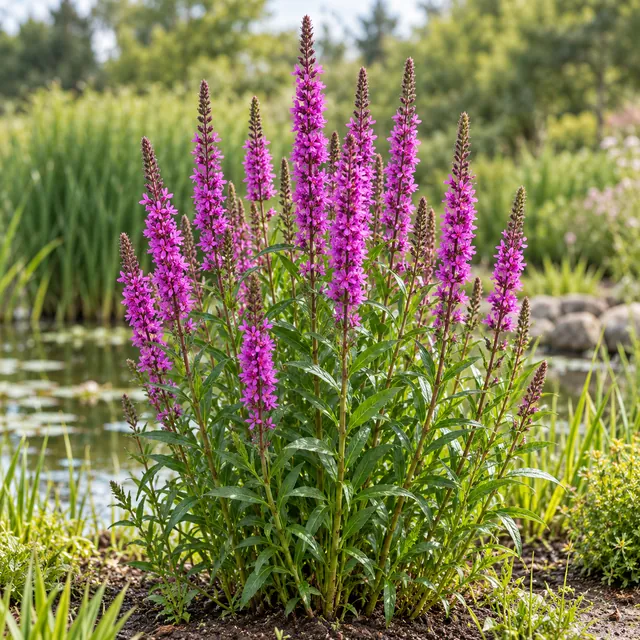KI-generierte, botanisch ungeprüfte Illustration: Gewöhnlicher Blutweiderich (Lythrum salicaria)