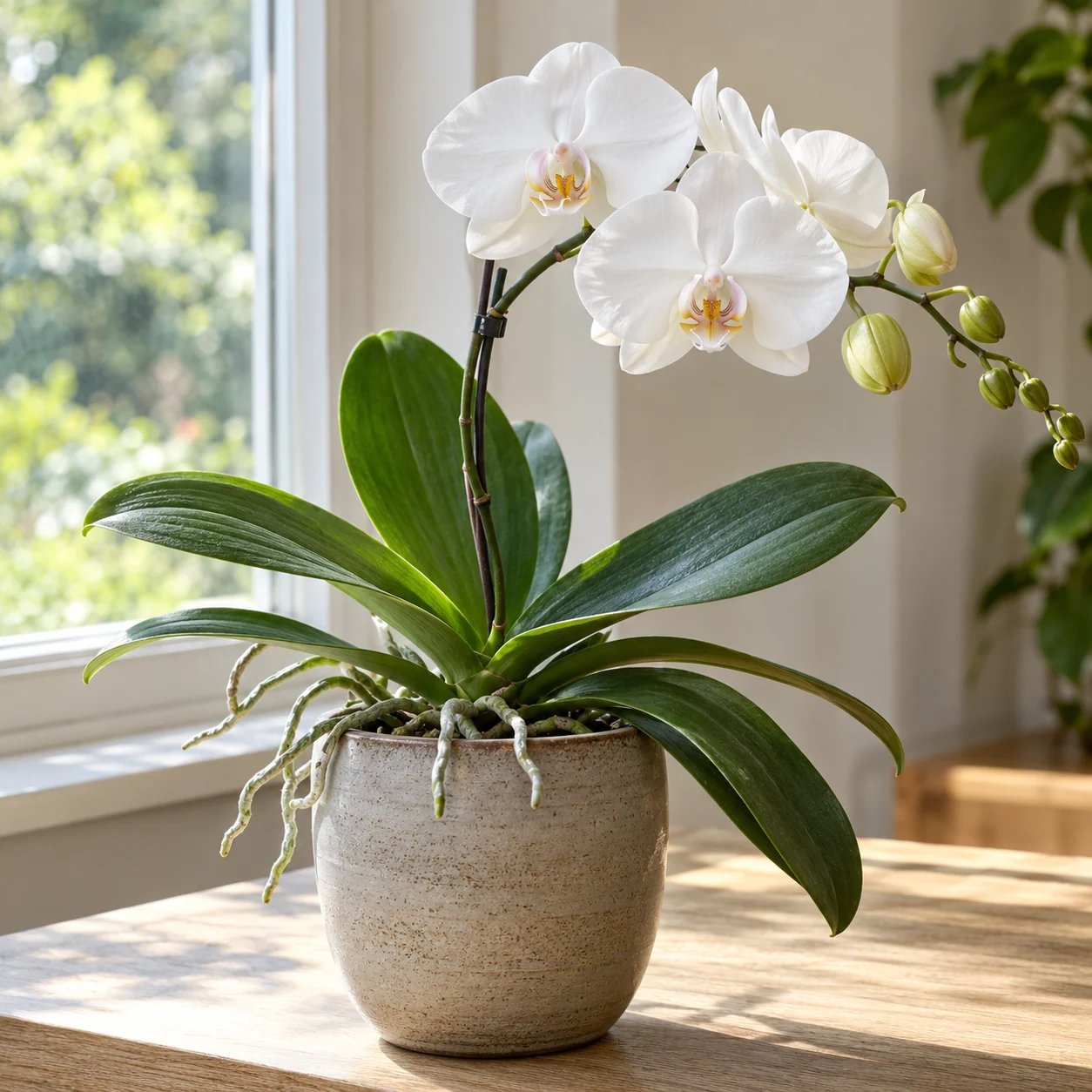 KI-generierte Darstellung: Schmetterlingsorchidee (Phalaenopsis-Hybride, weiß blühende Form)